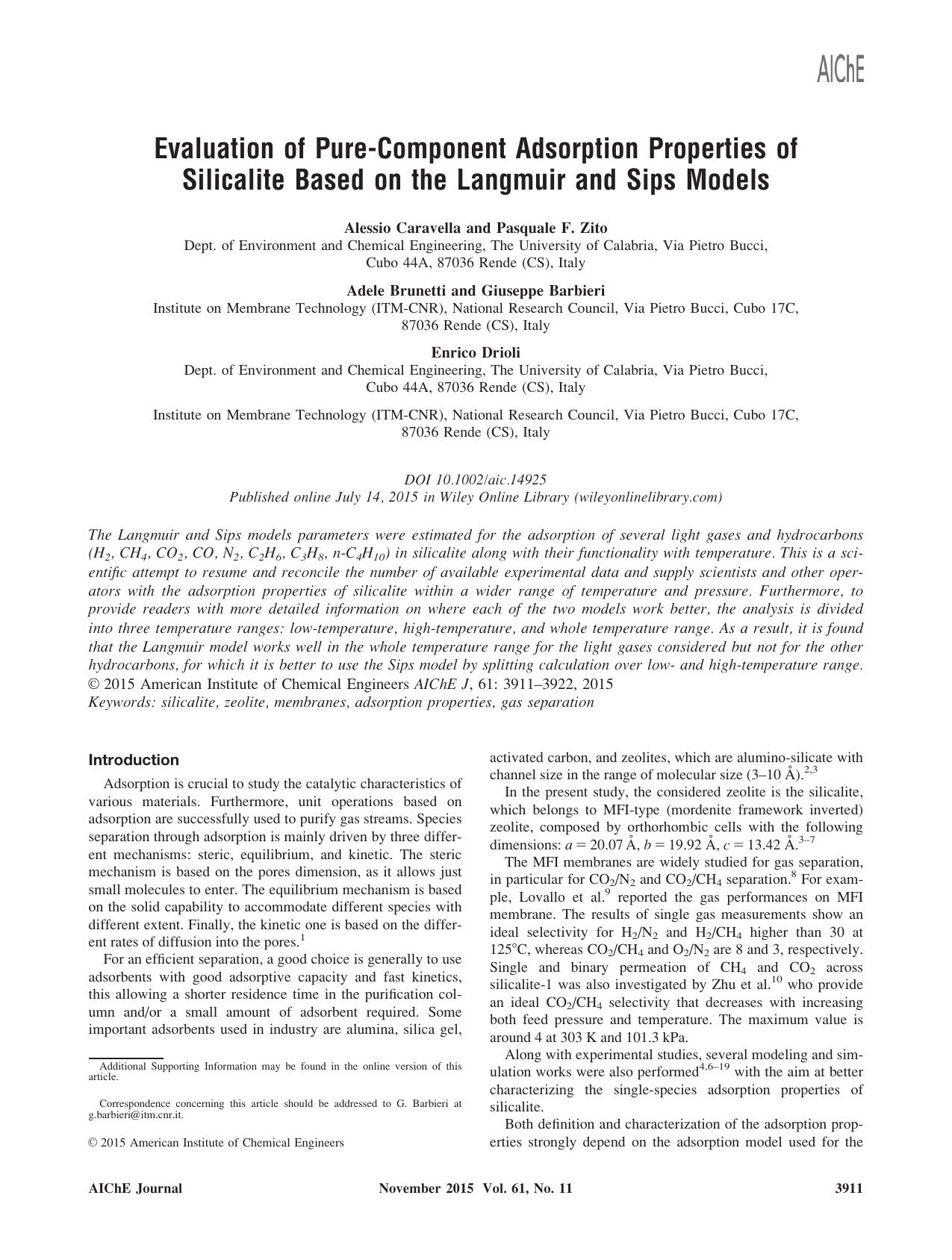 Evaluation of Pure‐Component Adsorption Properties of Silicalite Based on the Langmuir and Sips Models by Unknown