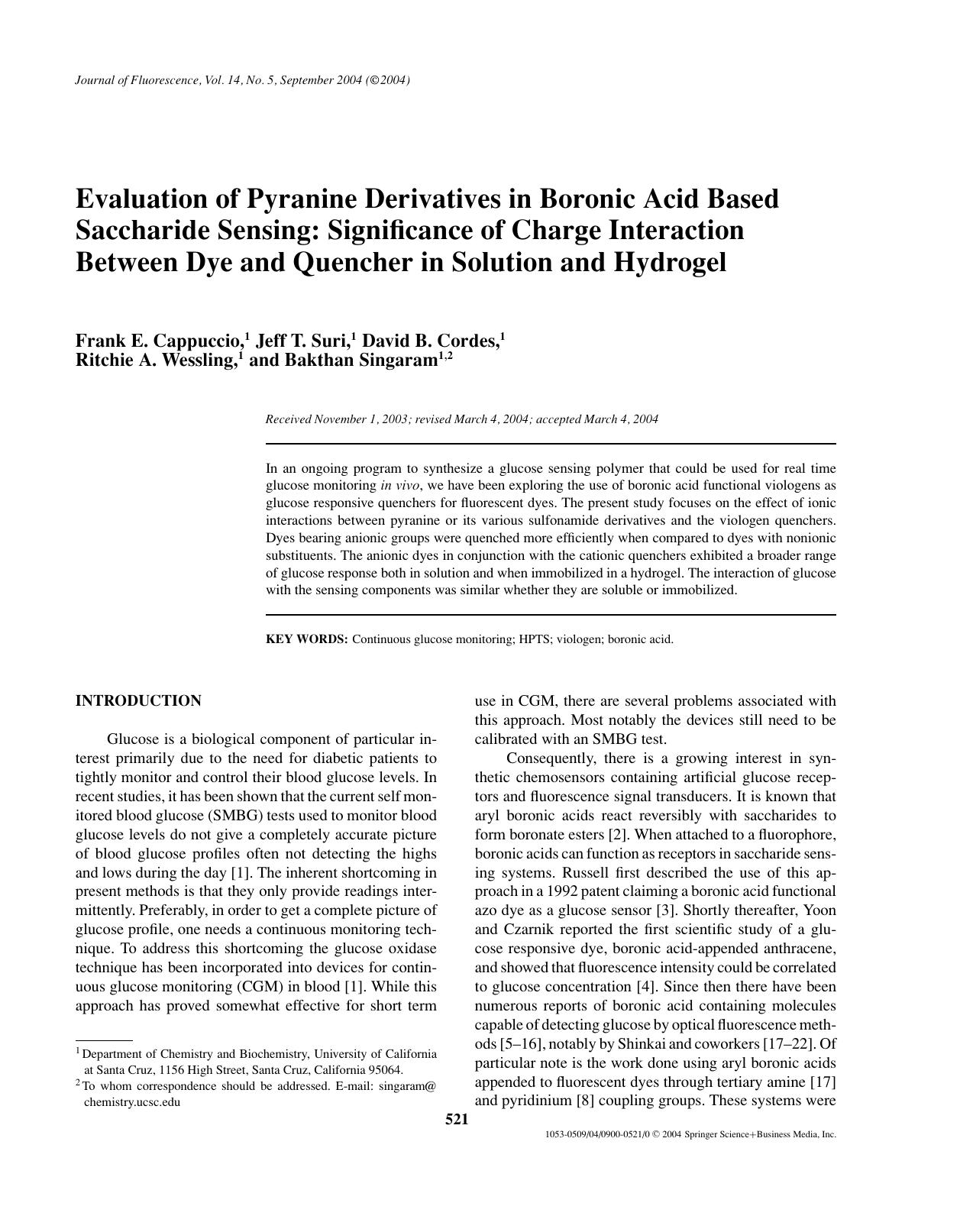 Evaluation of Pyranine Derivatives in Boronic Acid Based Saccharide Sensing: Significance of Charge Interaction Between Dye and Quencher in Solution and Hydrogel by Unknown