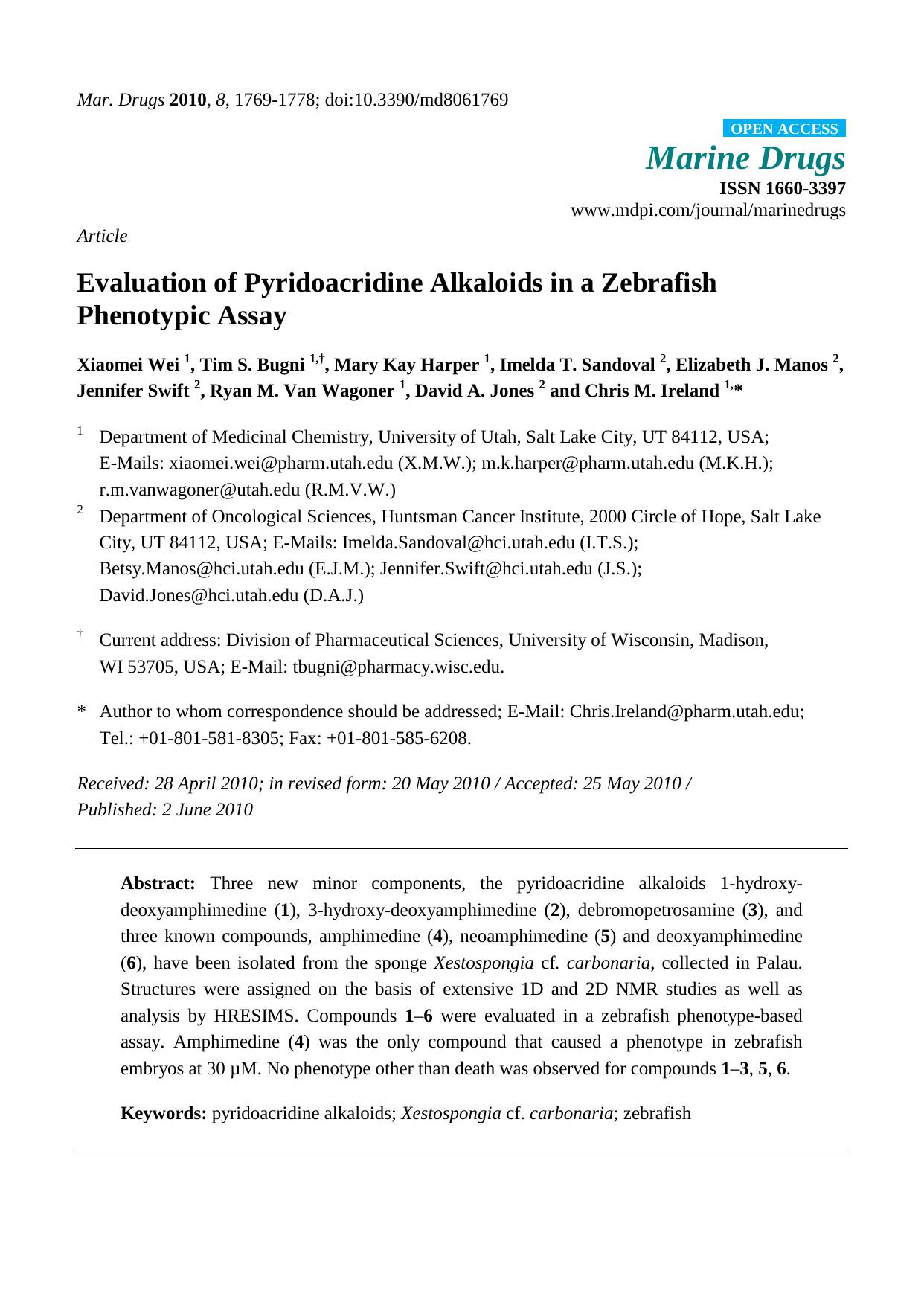 Evaluation of Pyridoacridine Alkaloids in a Zebrafish Phenotypic Assay by unknow