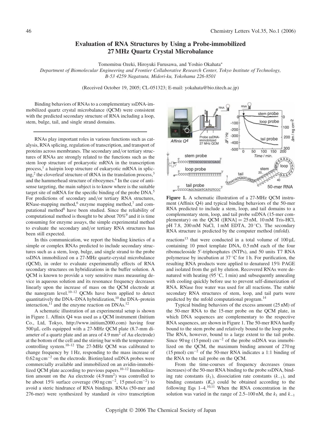 Evaluation of RNA Structures by Using a Probe-immobilized 27MHz Quartz Crystal Microbalance by Tomomitsu Ozeki Hiroyuki Furusawa and Yoshio Okahata