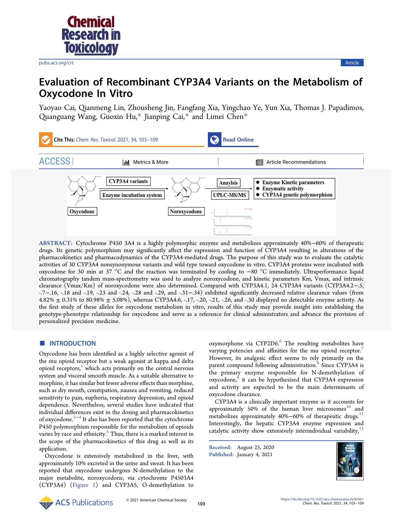 Evaluation of Recombinant CYP3A4 Variants on the Metabolism of Oxycodone In Vitro by unknow