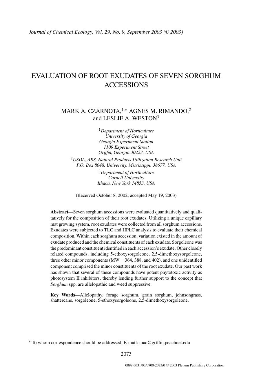 Evaluation of Root Exudates of Seven Sorghum Accessions by Unknown