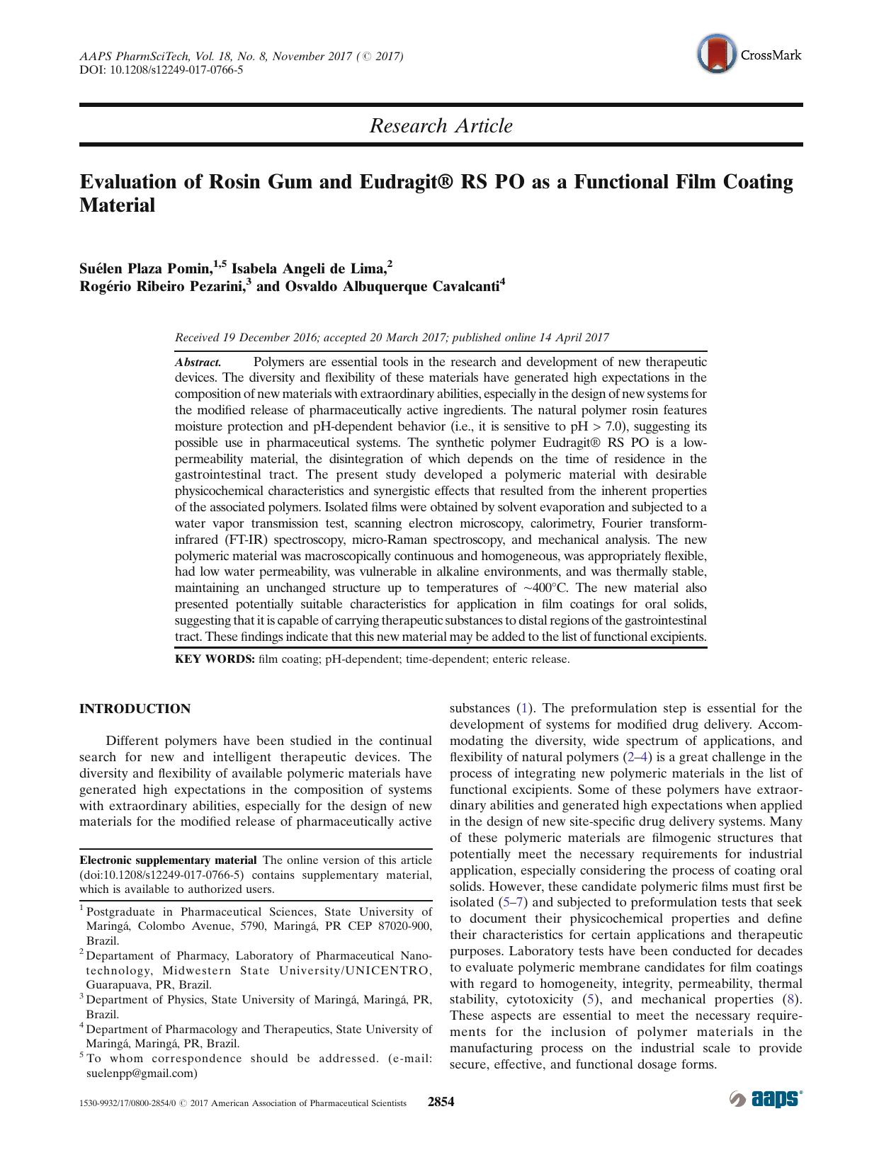 Evaluation of Rosin Gum and EudragitÂ® RS PO as a Functional Film Coating Material by unknow