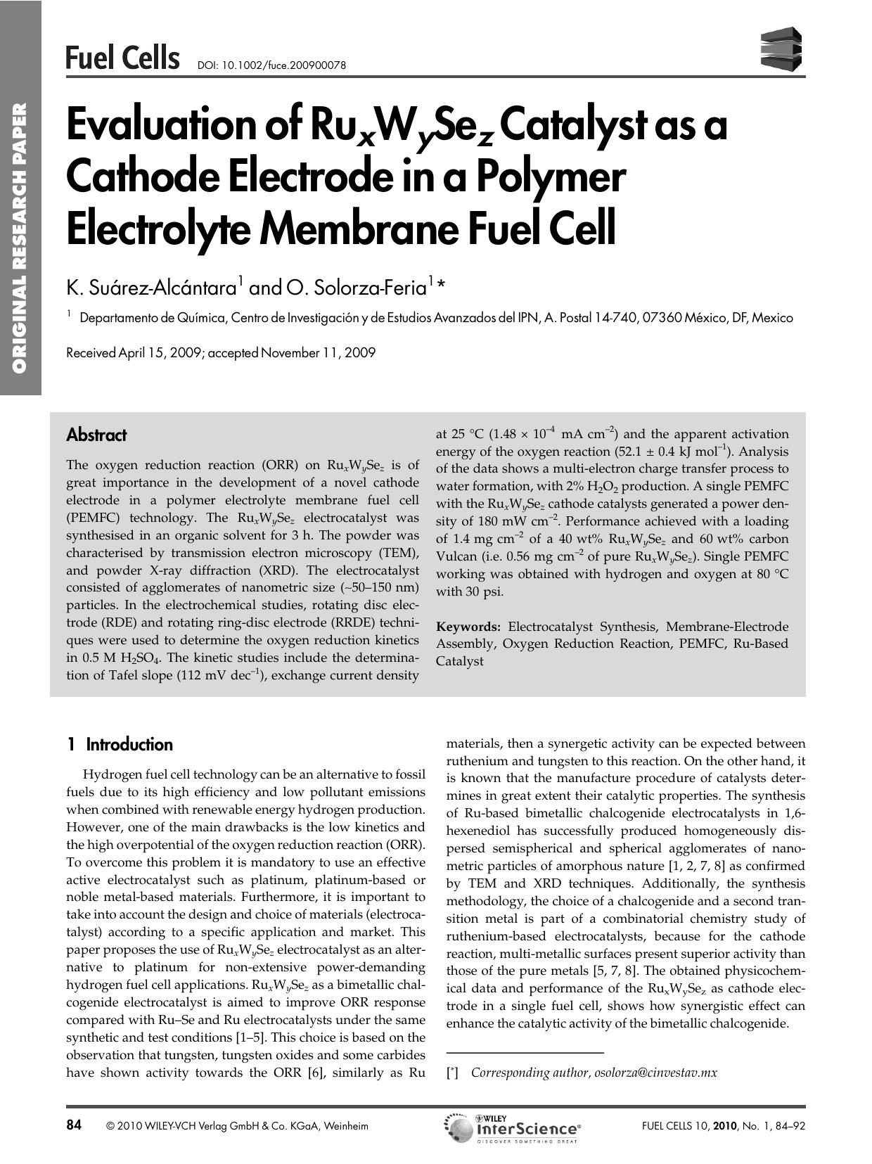 Evaluation of RuxWySez Catalyst as a Cathode Electrode in a Polymer Electrolyte Membrane Fuel Cell by Unknown