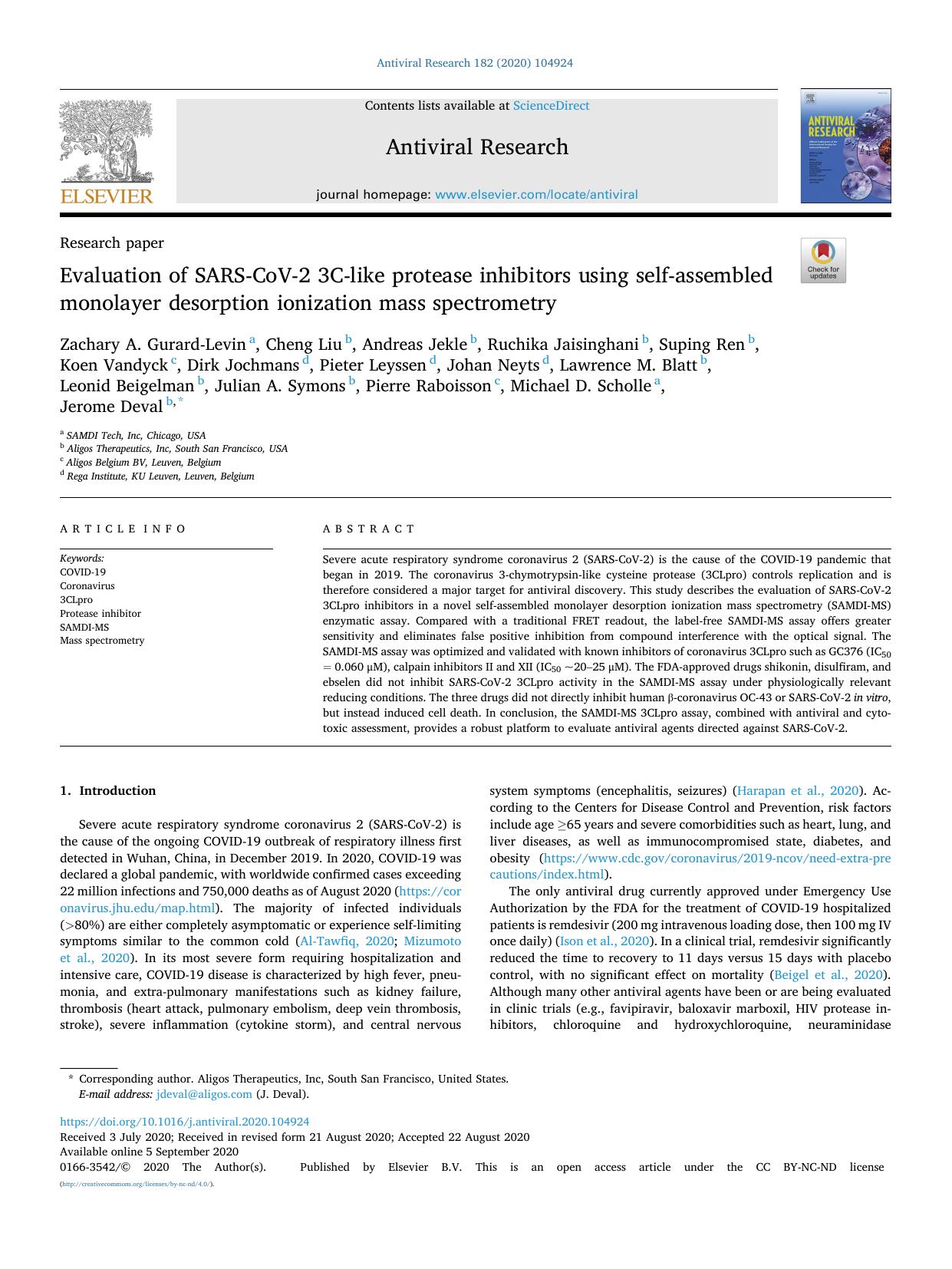 Evaluation of SARS-CoV-2 3C-like protease inhibitors using self-assembled monolayer desorption ionization mass spectrometry by Zachary A. Gurard-Levin