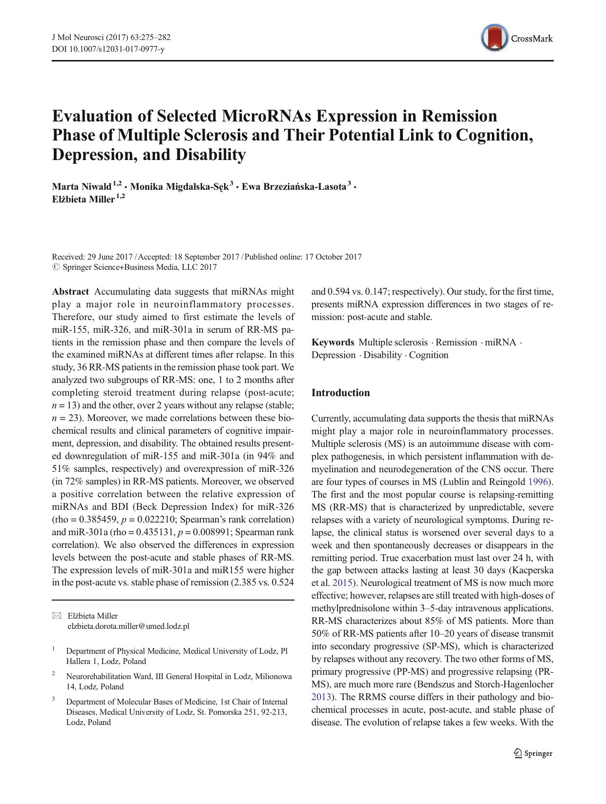 Evaluation of Selected MicroRNAs Expression in Remission Phase of Multiple Sclerosis and Their Potential Link to Cognition, Depression, and Disability by Marta Niwald & Monika Migdalska-Sęk & Ewa Brzeziańska-Lasota & Elżbieta Miller