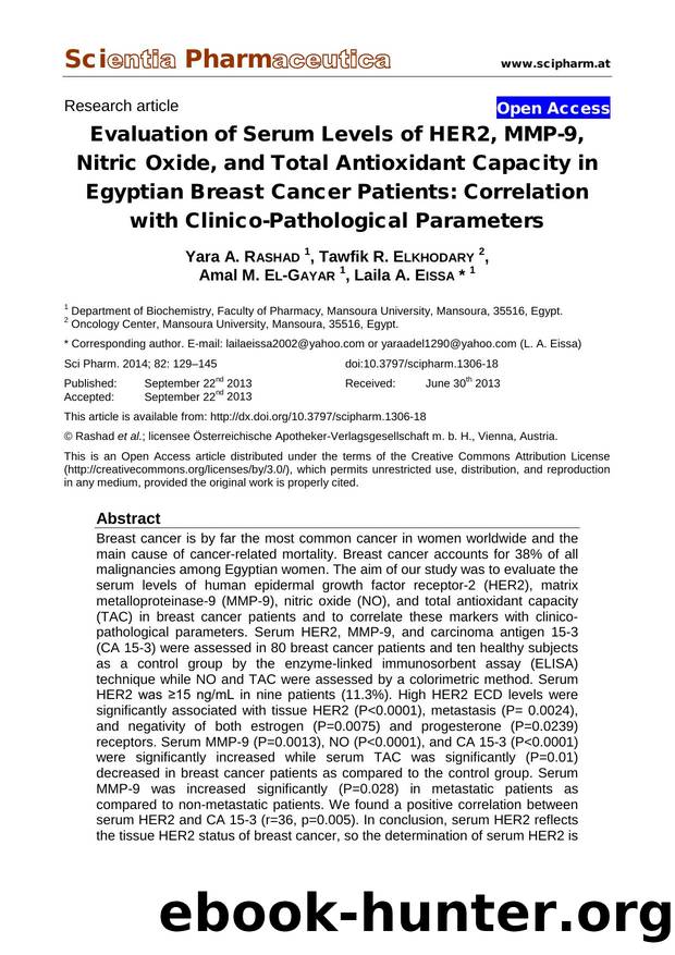 Evaluation of Serum Levels of HER2, MMP-9, Nitric Oxide, and Total Antioxidant Capacity in Egyptian Breast Cancer Patients: Correlation with Clinico-Pathological Parameters by Yara A. RASHAD Tawfik R. ELKHODARY Amal M. EL-GAYAR Laila A. EISSA