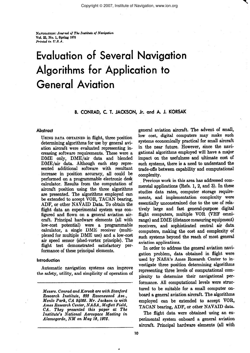 Evaluation of Several Navigation Algorithms for Application to General Aviation by 6. CONRAD C. T. JACKSON Jr. and A. J. KORSAK