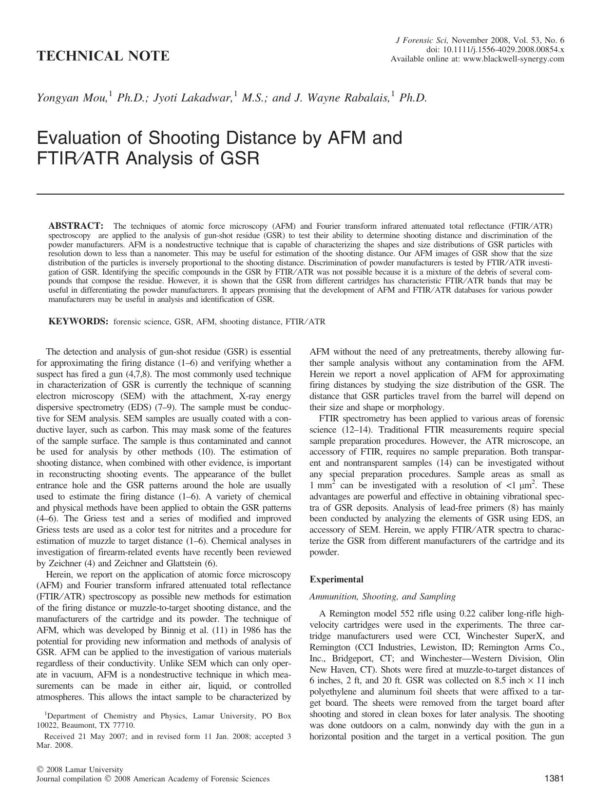 Evaluation of Shooting Distance by AFM and FTIRATR Analysis of GSR by Unknown