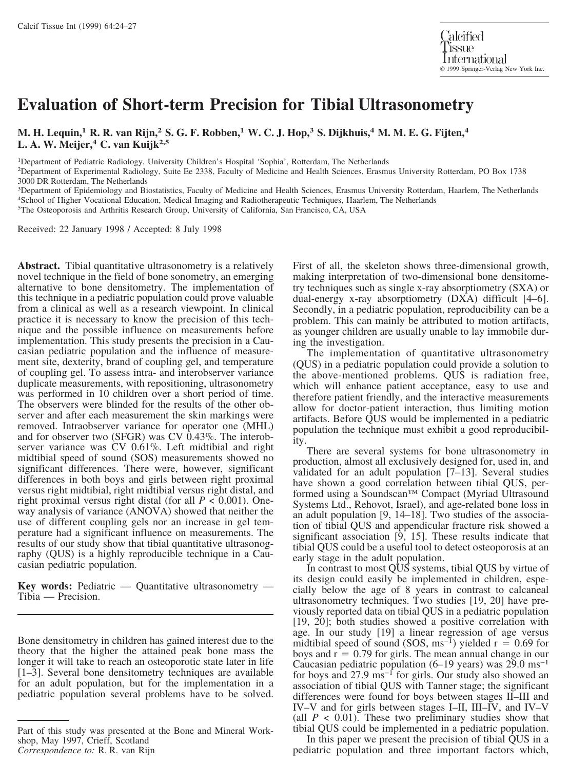 Evaluation of Short-term Precision for Tibial Ultrasonometry by Lequin M. et al