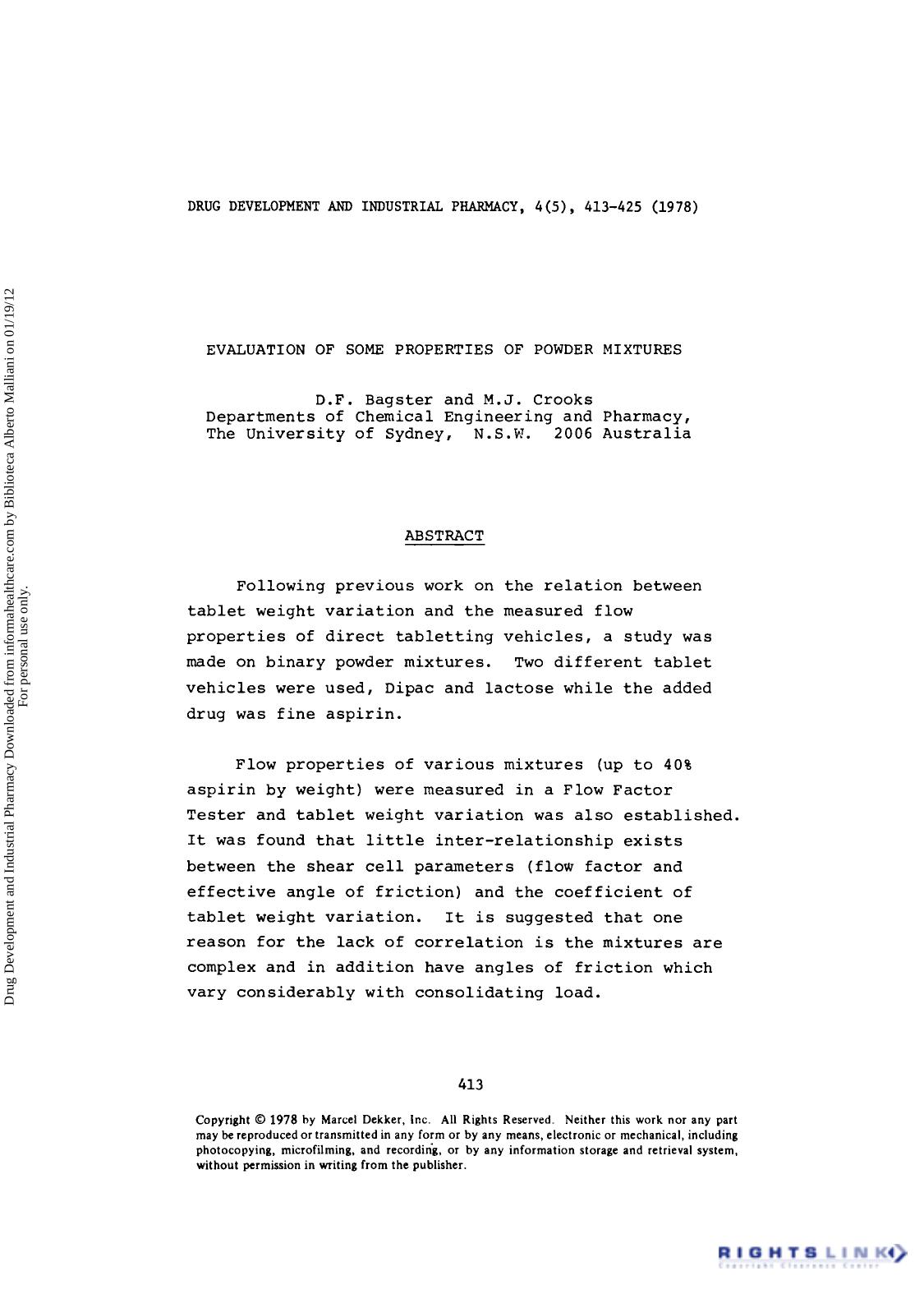 Evaluation of Some Properties of Powder Mixtures by D. F. Bagster & M. J. Crooks