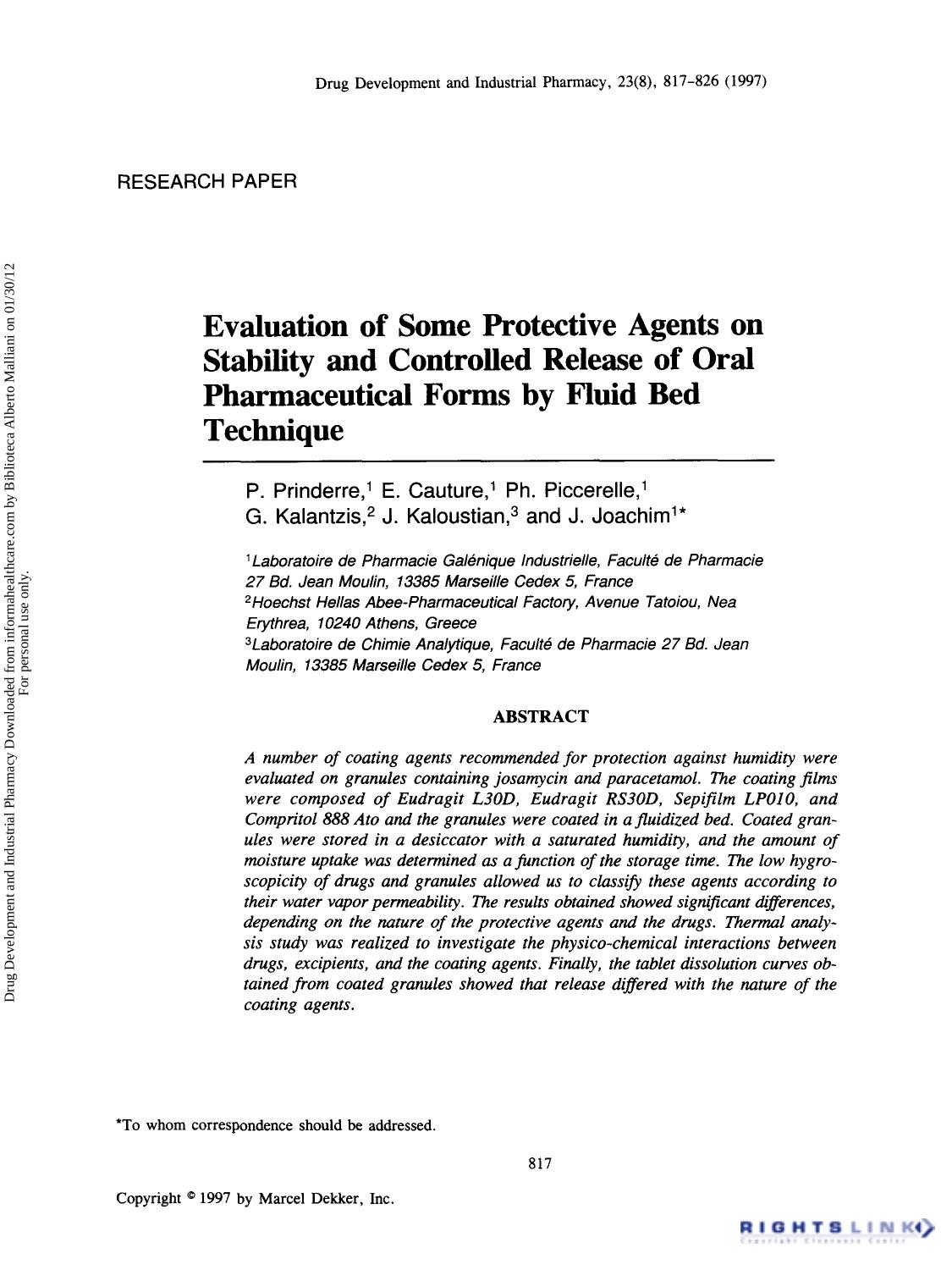 Evaluation of Some Protective Agents on Stability and Controlled Release of Oral Pharmaceutical Forms by Fluid Bed Technique by P. Prinderre E. Cauture Ph. Piccerelle G. Kalantzis J. Kaloustian & J. Joachim