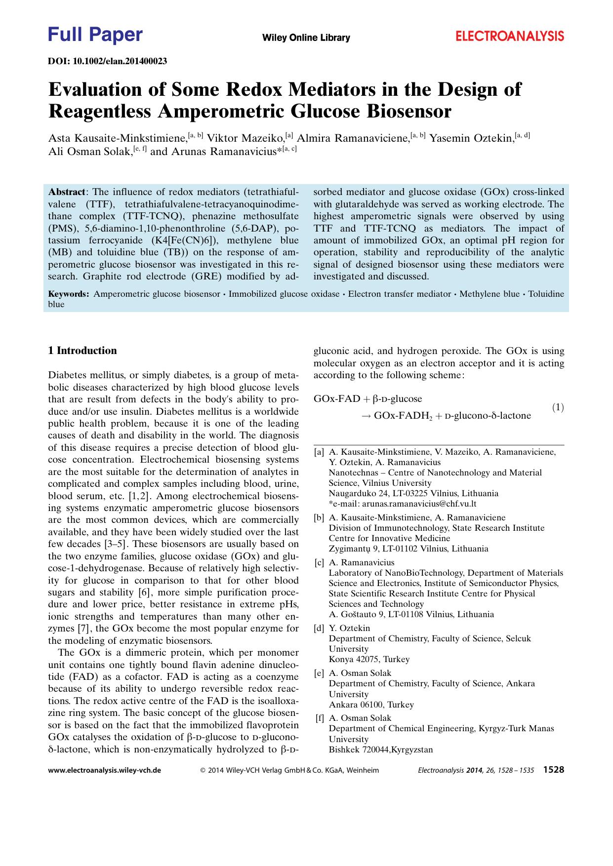 Evaluation of Some Redox Mediators in the Design of Reagentless Amperometric Glucose Biosensor by Unknown