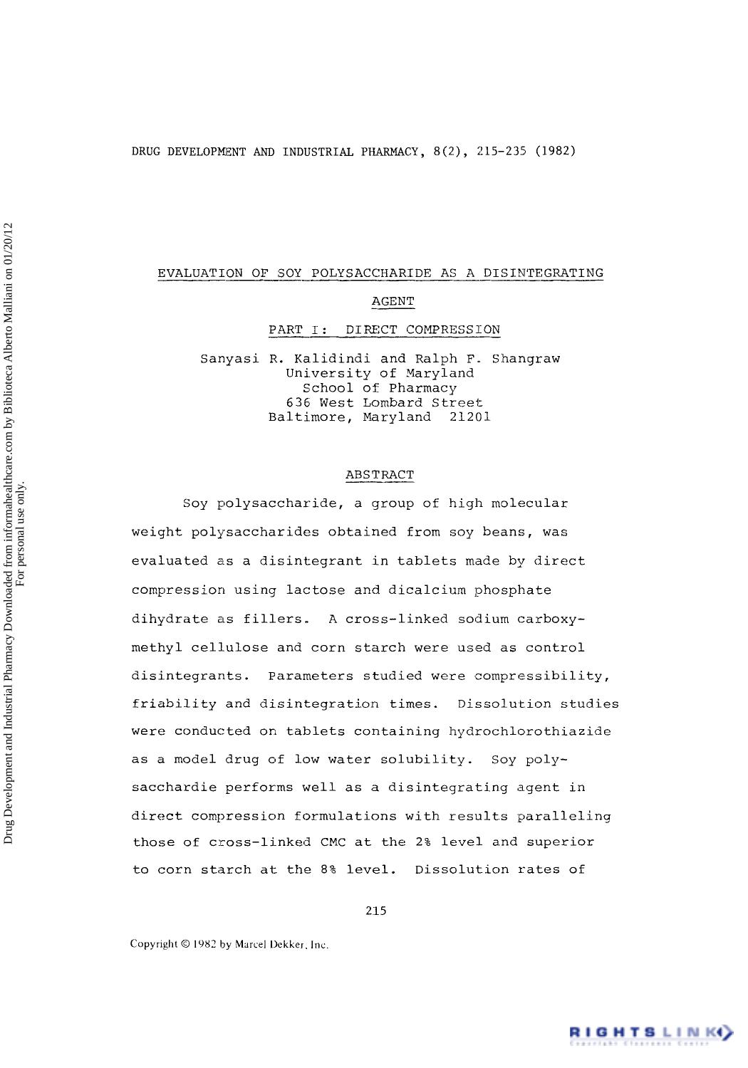 Evaluation of Soy Polysaccharide as a Disintegrating Agent Part I: Direct Compression by Sanyasi R. Kalidindi & Ralph F. Shangraw