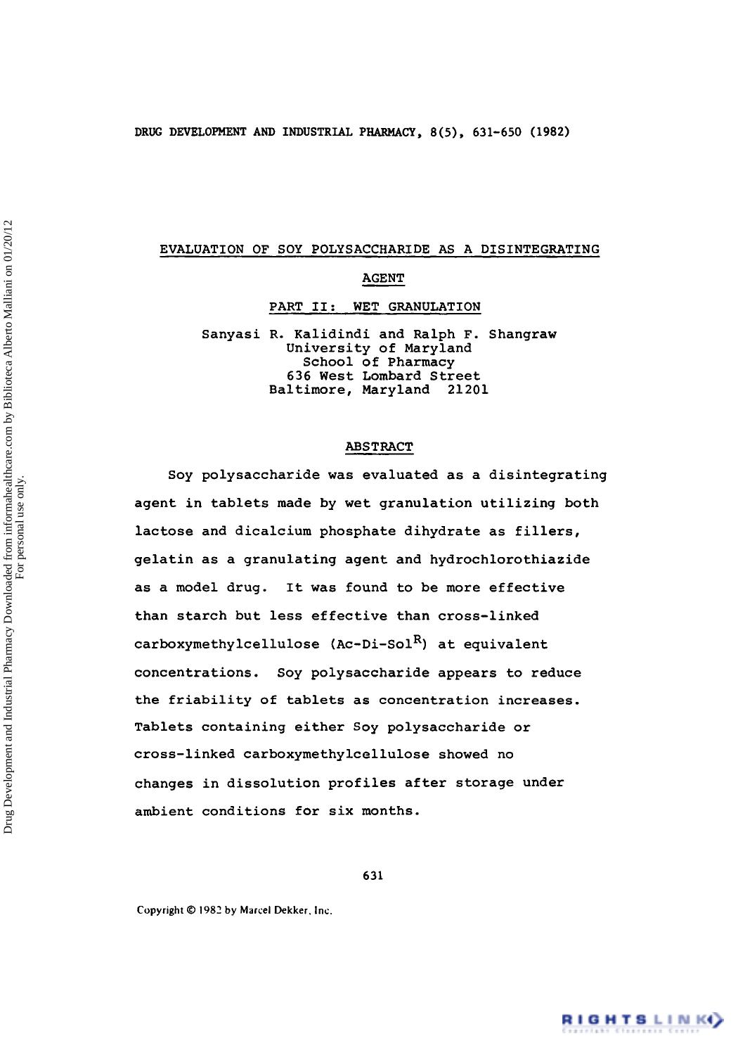 Evaluation of Soy Polysaccharide as a Disintegrating: Agent Part II: Wet Granulation by Sanyasi R. Kalidindi & Ralph F. Shangraw
