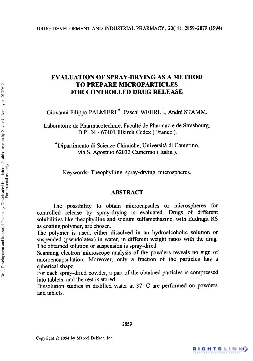 Evaluation of Spray-Drying as a Method to Prepare Microparticles for Controlled Drug Release by Giovanni Filippo Palmeri Pascal Wehrlé & André Stamm