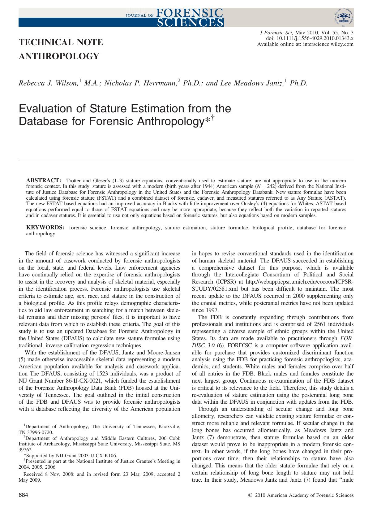 Evaluation of Stature Estimation from the Database for Forensic Anthropology*? by Unknown