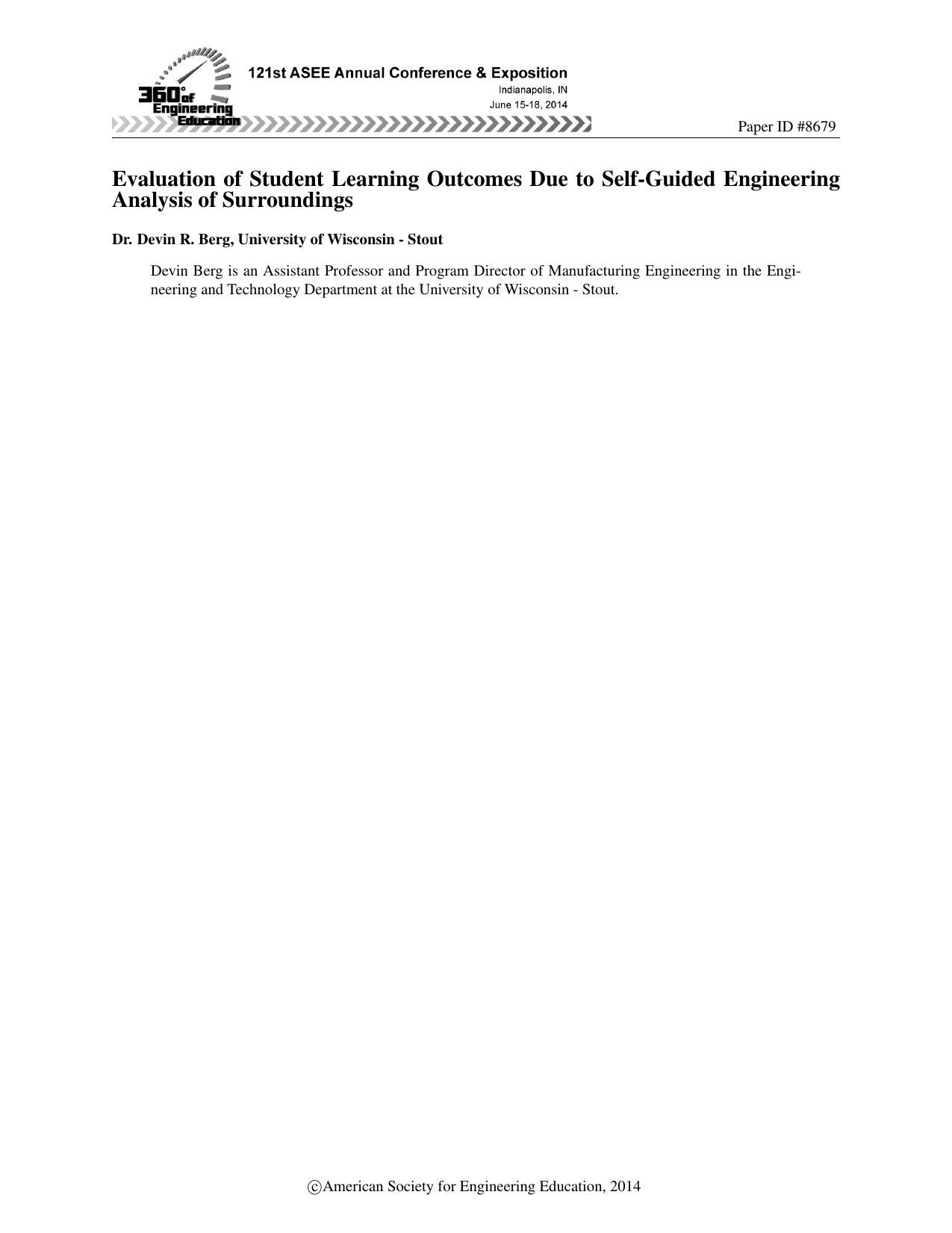 Evaluation of Student Learning Outcomes Due to Self-Guided Engineering Analysis of Surroundings by Dr. Devin R. Berg (University of Wisconsin - Stout)