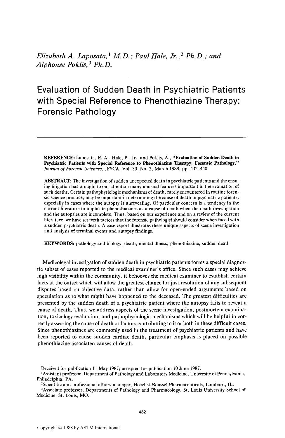 Evaluation of Sudden Death in Psychiatric Patients with Special Reference to Phenothiazine Therapy: Forensic Pathology by Laposata EA Hale P Jr Poklis A