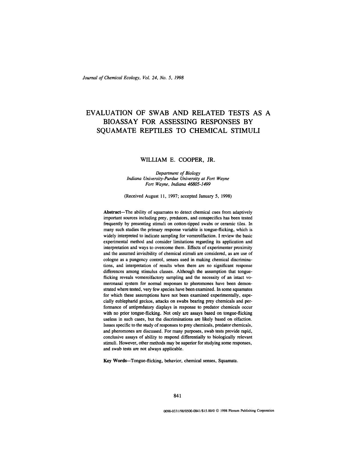 Evaluation of Swab and Related Tests as a Bioassay for Assessing Responses by Squamate Reptiles to Chemical Stimuli by Unknown