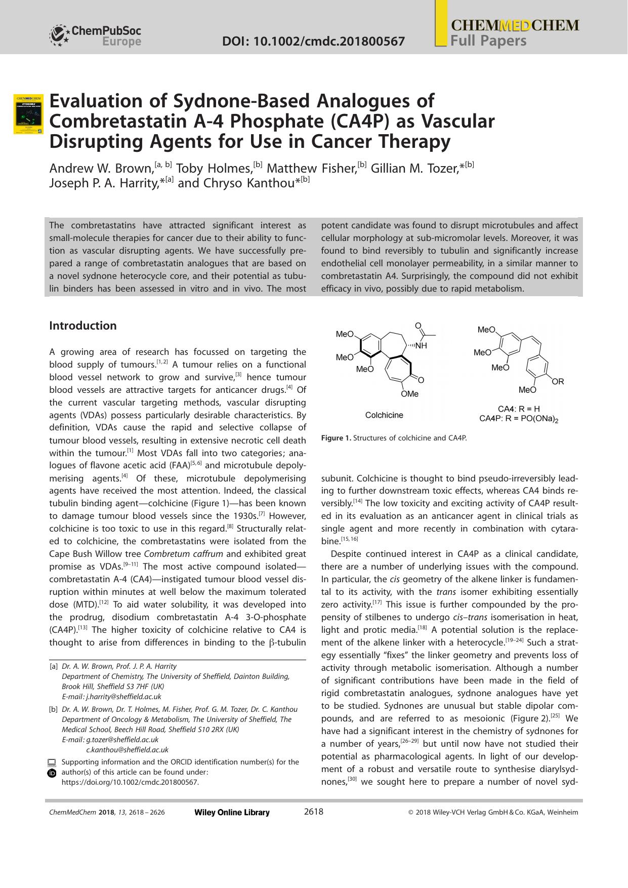 Evaluation of SydnoneâBased Analogues of Combretastatin Aâ4 Phosphate (CA4P) as Vascular Disrupting Agents for Use in Cancer Therapy by Unknown