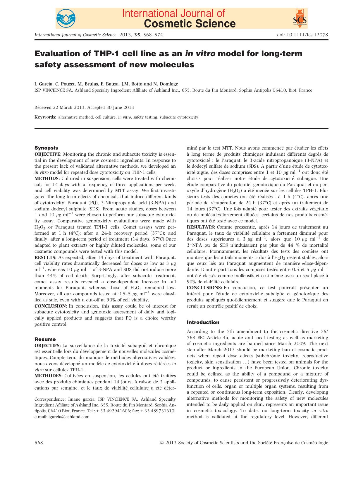 Evaluation of THP1 cell line as an in vitro model for longterm safety assessment of new molecules by Unknown