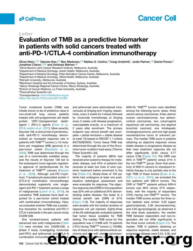 Evaluation of TMB as a predictive biomarker in patients with solid cancers treated with anti-PD-1CTLA-4 combination immunotherapy by unknow