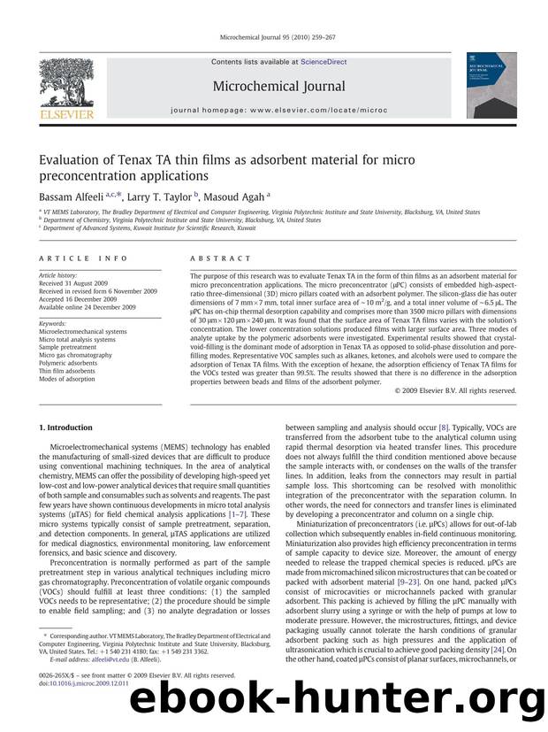 Evaluation of Tenax TA thin films as adsorbent material for micro preconcentration applications by Bassam Alfeeli; Larry T. Taylor; Masoud Agah