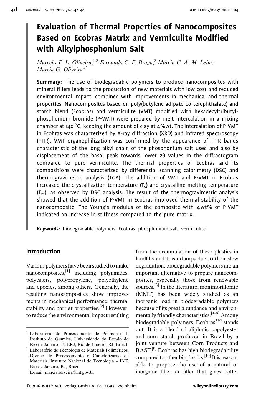 Evaluation of Thermal Properties of Nanocomposites Based on Ecobras Matrix and Vermiculite Modified with Alkylphosphonium Salt by Unknown