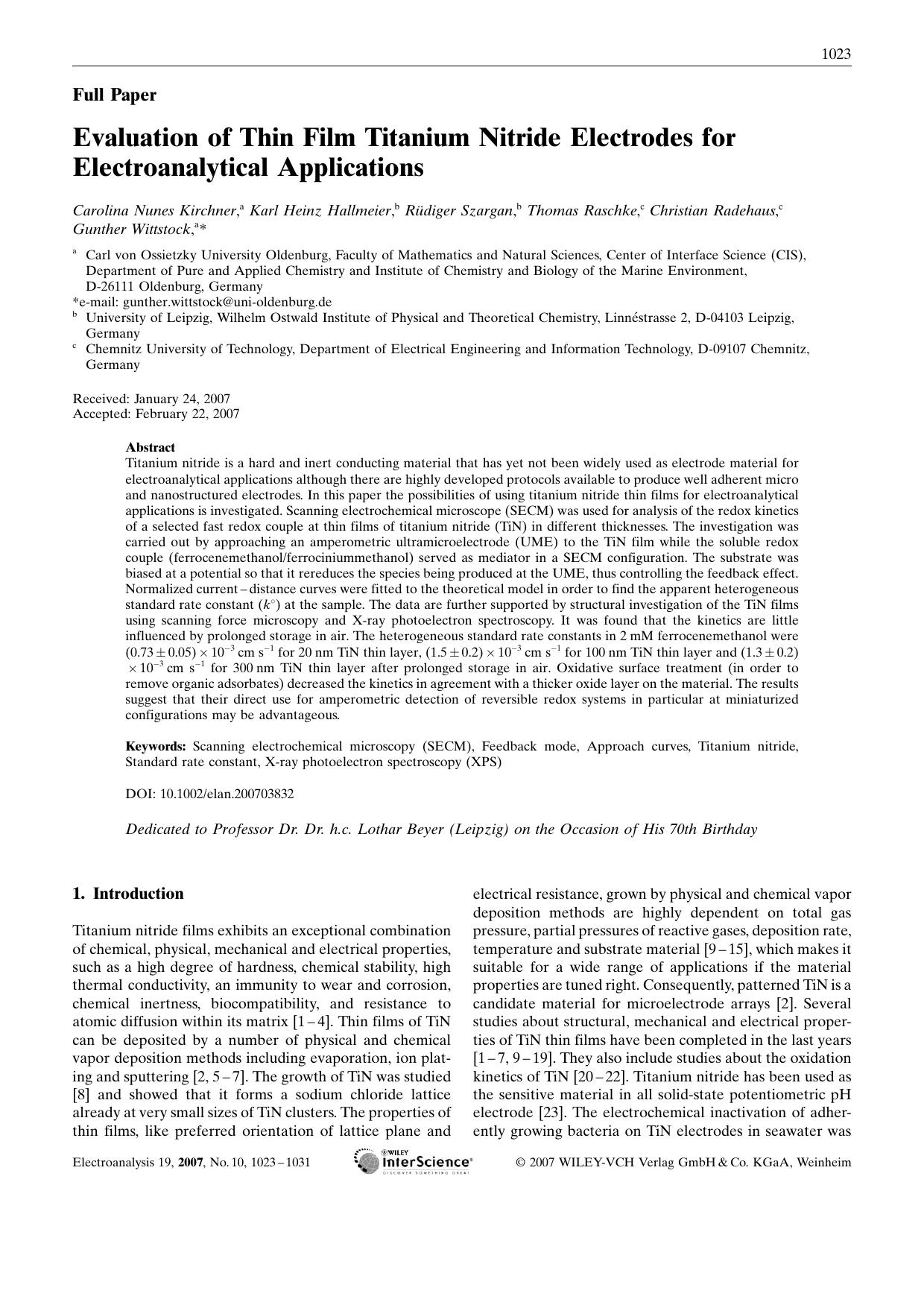 Evaluation of Thin Film Titanium Nitride Electrodes for Electroanalytical Applications by Unknown