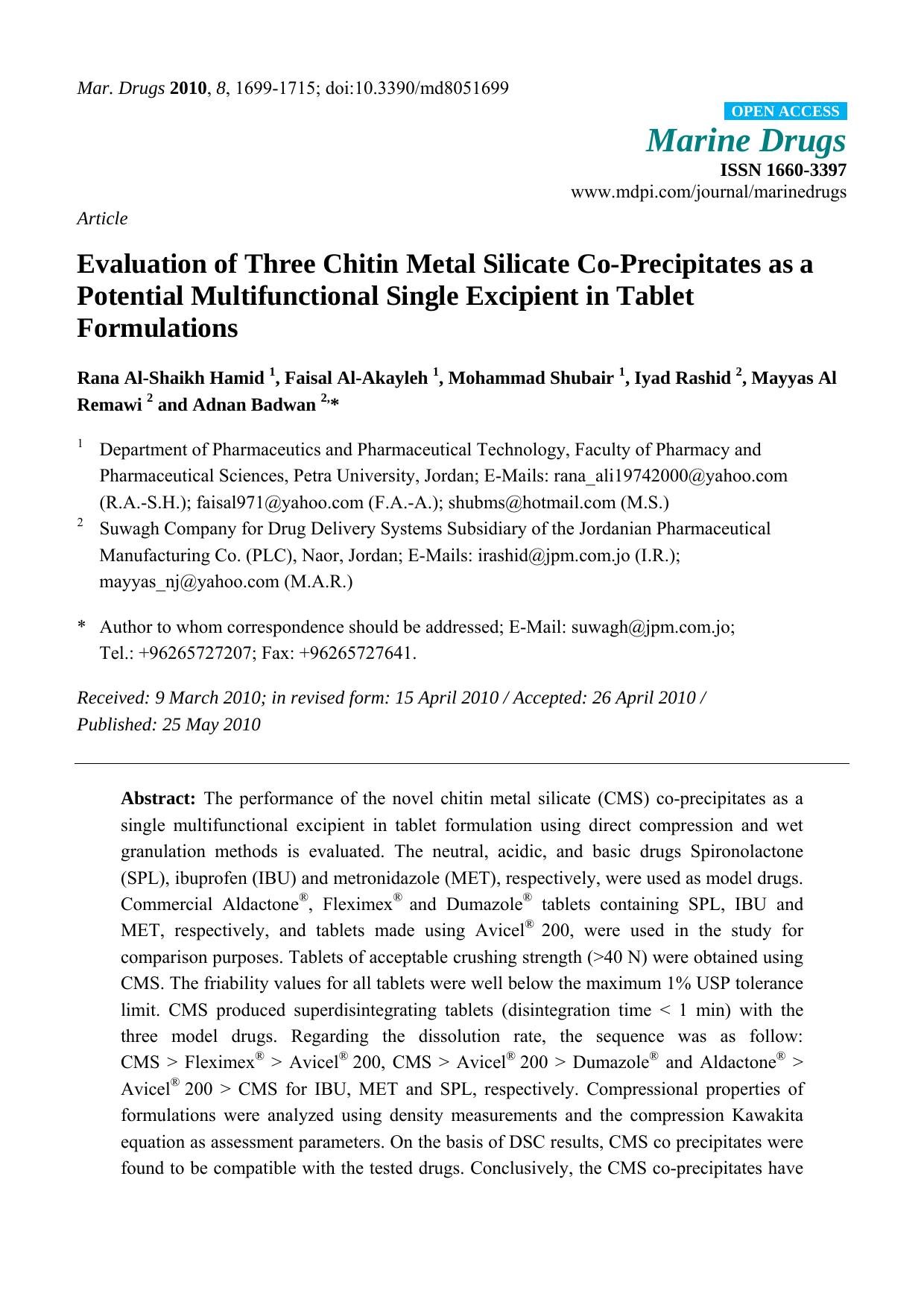 Evaluation of Three Chitin Metal Silicate Co-Precipitates as a Potential Multifunctional Single Excipient in Tablet Formulations by unknow