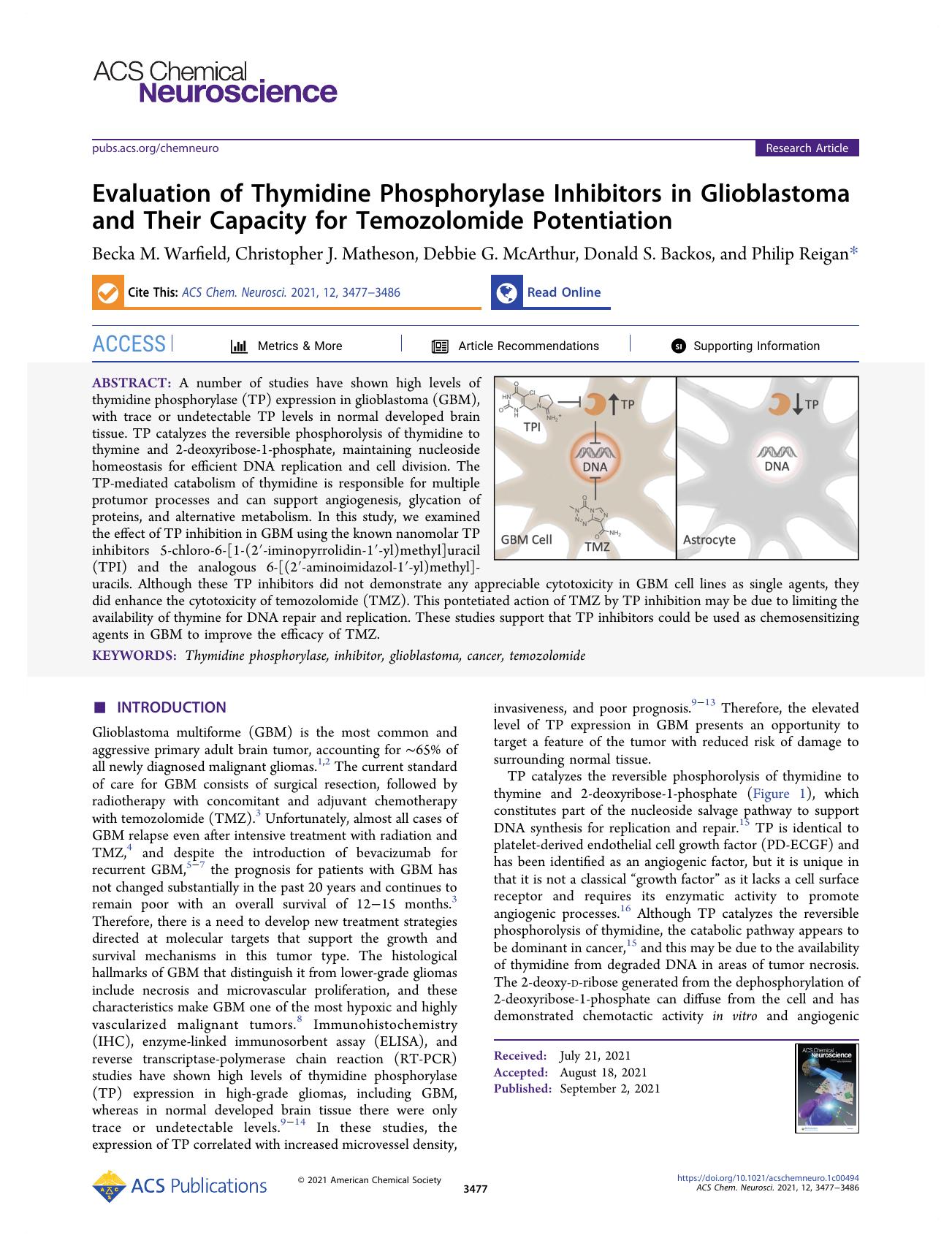 Evaluation of Thymidine Phosphorylase Inhibitors in Glioblastoma and Their Capacity for Temozolomide Potentiation by Becka M. Warfield Christopher J. Matheson Debbie G. McArthur Donald S. Backos and Philip Reigan