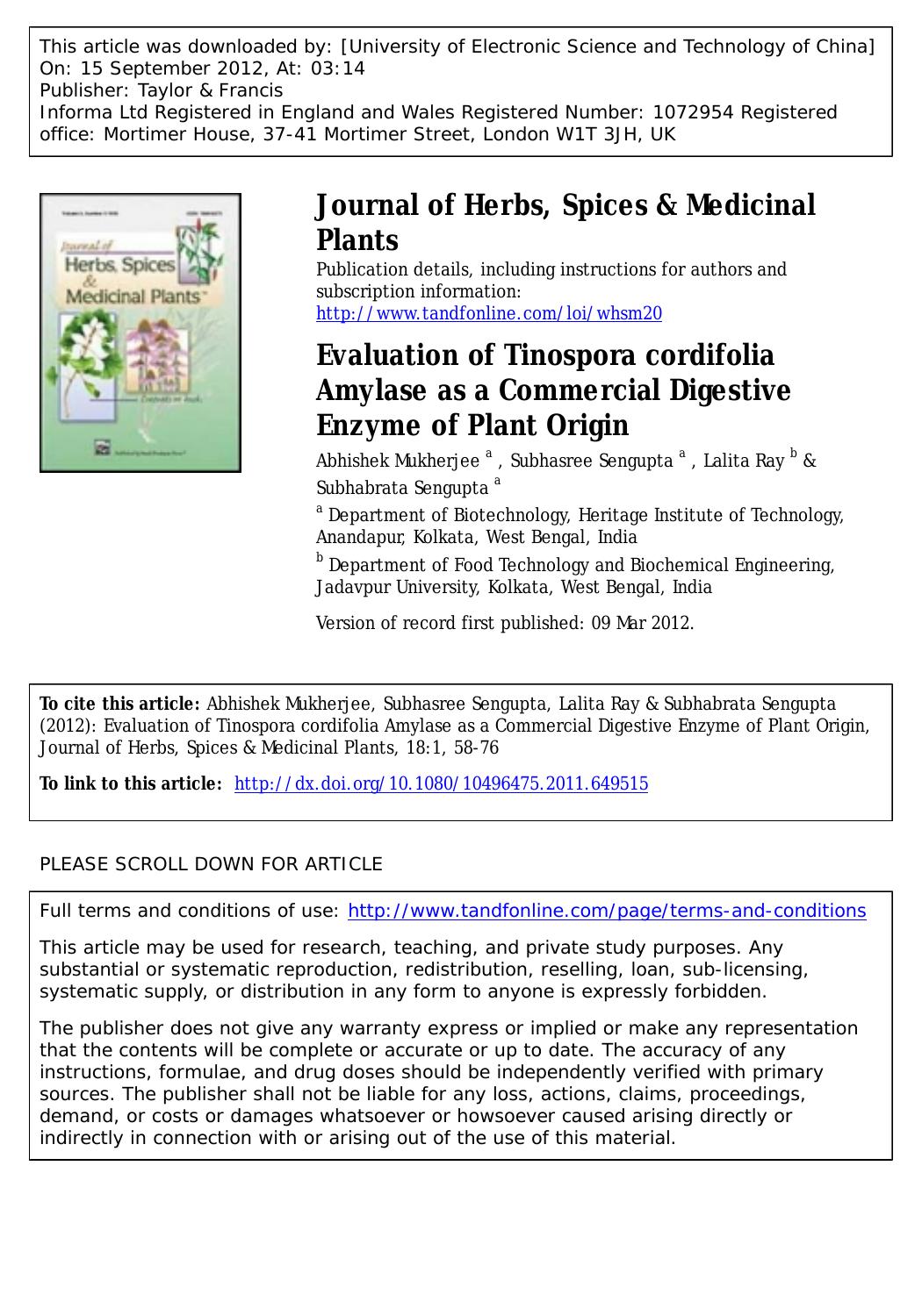 Evaluation of Tinospora cordifolia Amylase as a Commercial Digestive Enzyme of Plant Origin by unknow