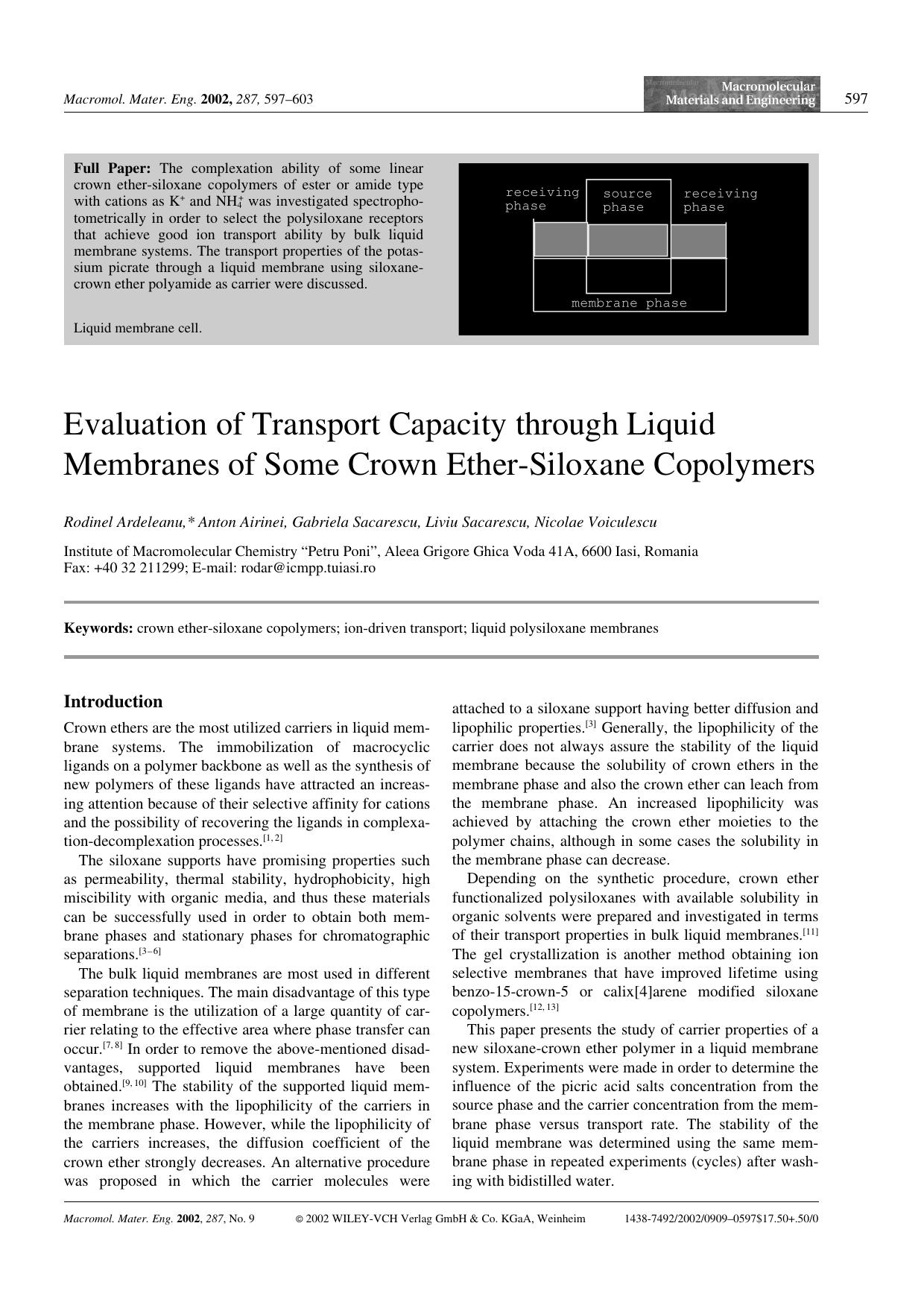 Evaluation of Transport Capacity through Liquid Membranes of Some Crown Ether-Siloxane Copolymers by Unknown