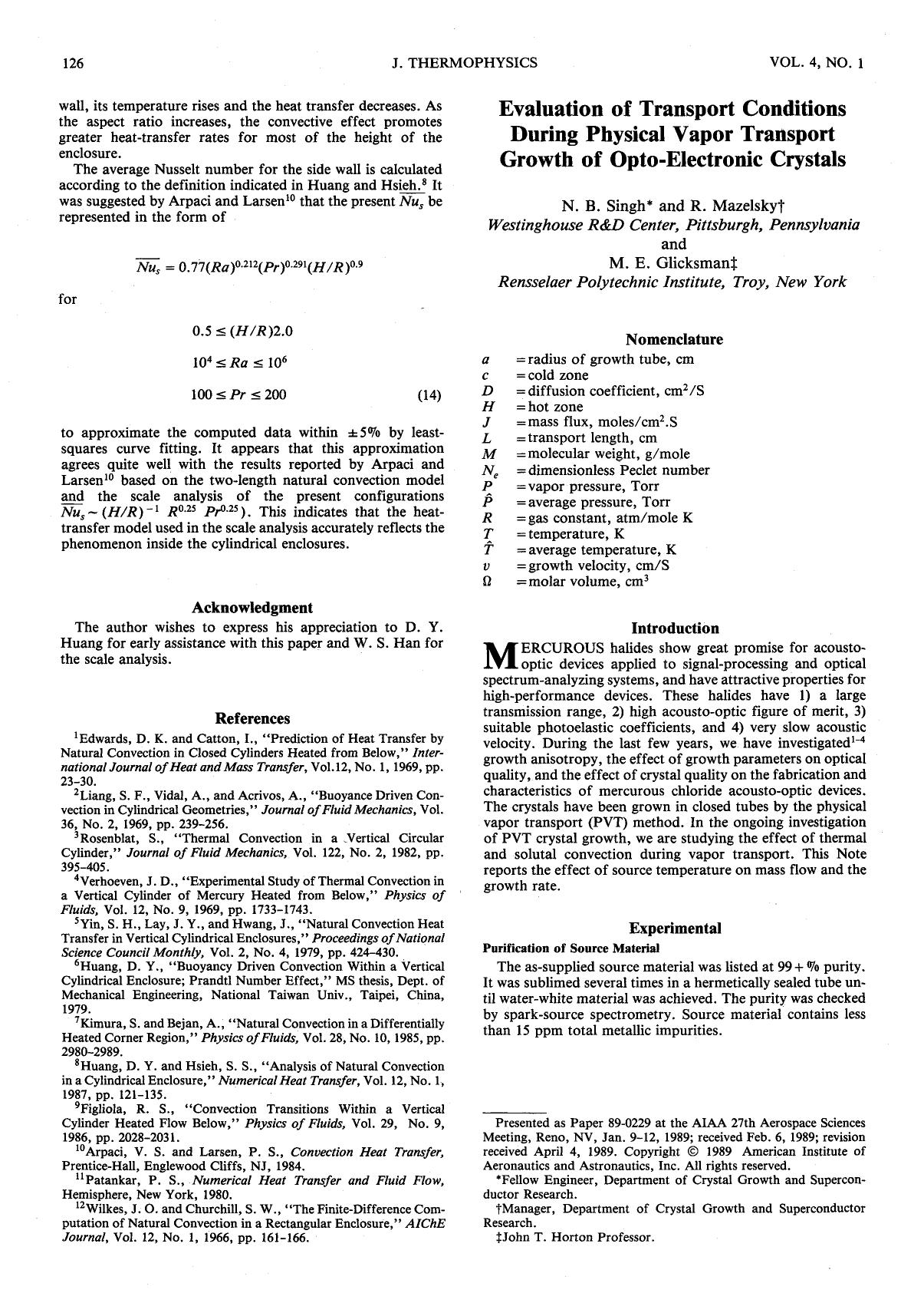 Evaluation of Transport Conditions During Physical Vapor Transport Growth of Opto-Electronic Crystals by Unknown