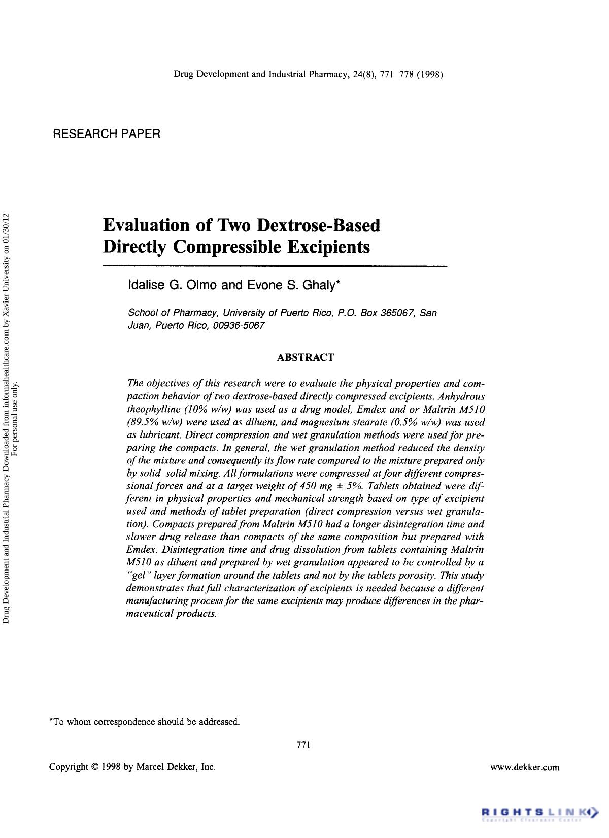 Evaluation of Two Dextrose-Based Directly Compressible Excipients by Idalise G. Olmo & Evone S. Ghaly