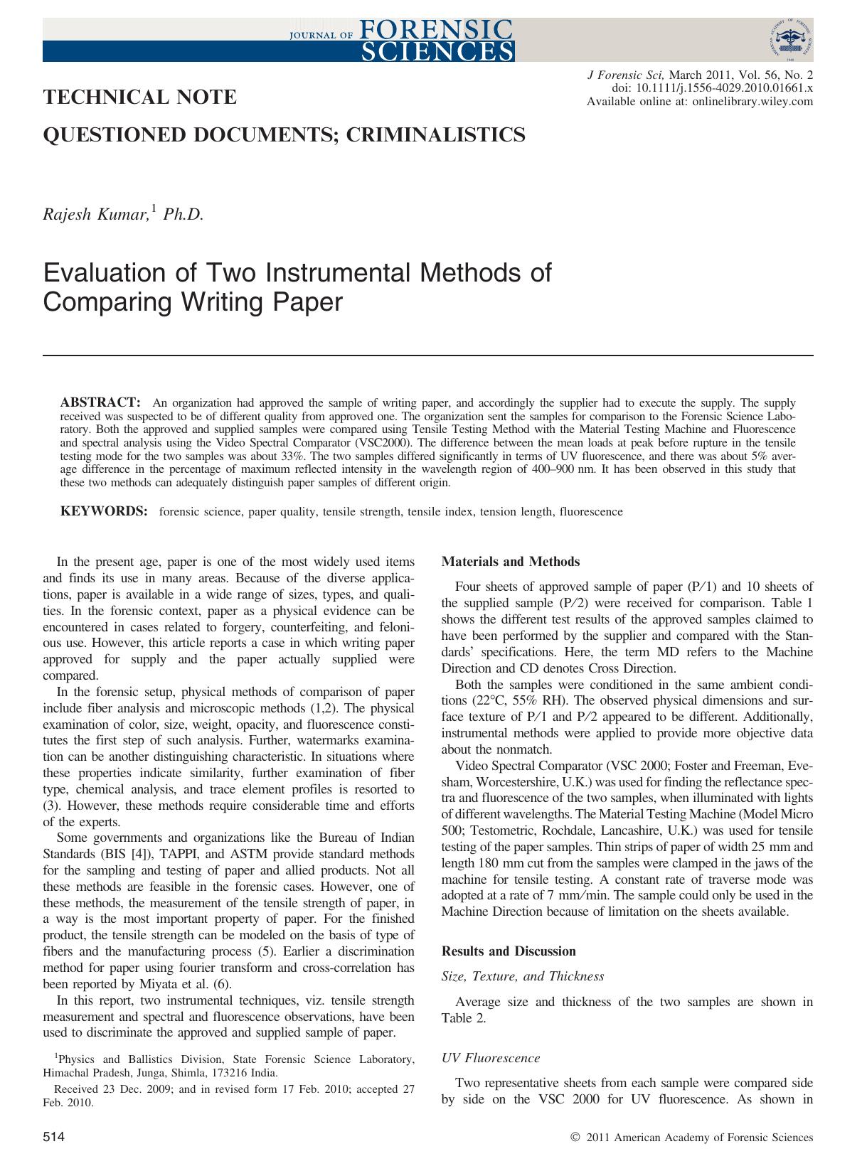 Evaluation of Two Instrumental Methods of Comparing Writing Paper by Unknown