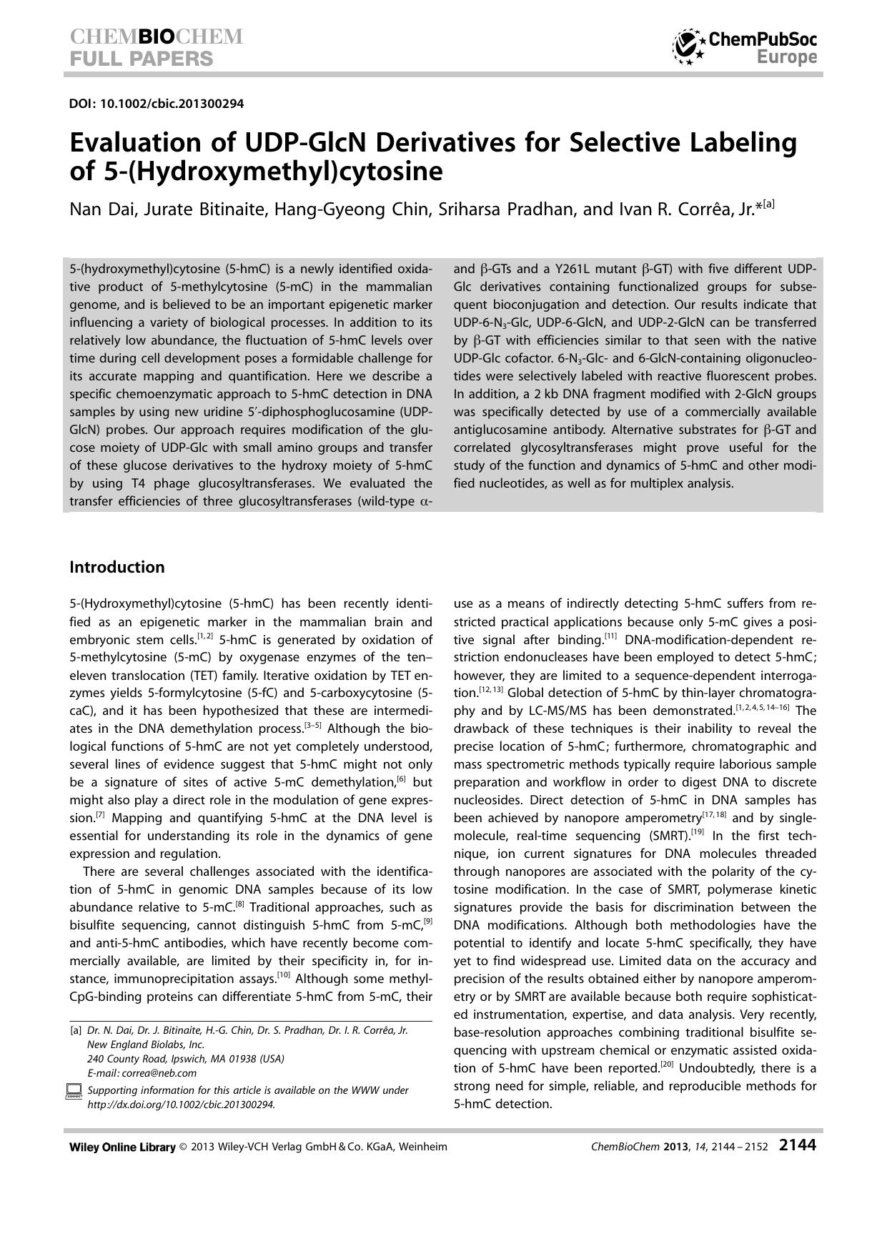 Evaluation of UDPGlcN Derivatives for Selective Labeling of 5(Hydroxymethyl)cytosine by Unknown