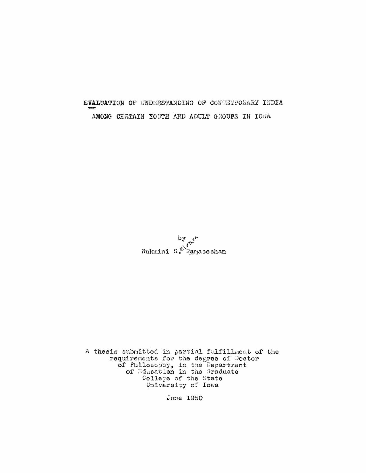 Evaluation of Understanding of Contemporary India Among Certain Youth and Adult Groups in Iowa by Ramaseshan Rukmini Selvam