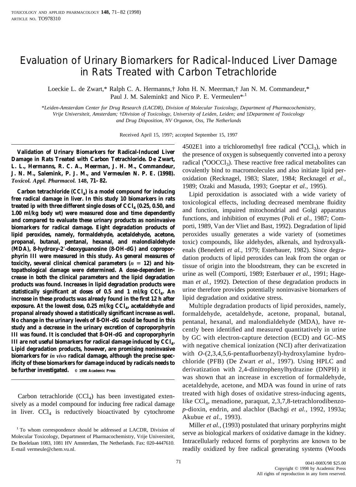 Evaluation of Urinary Biomarkers for Radical-Induced Liver Damage in Rats Treated with Carbon Tetrachloride by de Zwart L. L. et al
