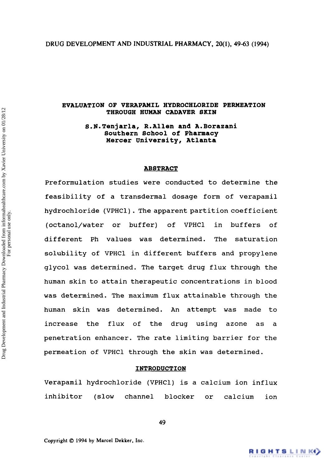 Evaluation of Verapamil Hydrochloride Permeation Through Human Cadaver Skin by S. N. Tenjarla R. Allen & A. Borazani