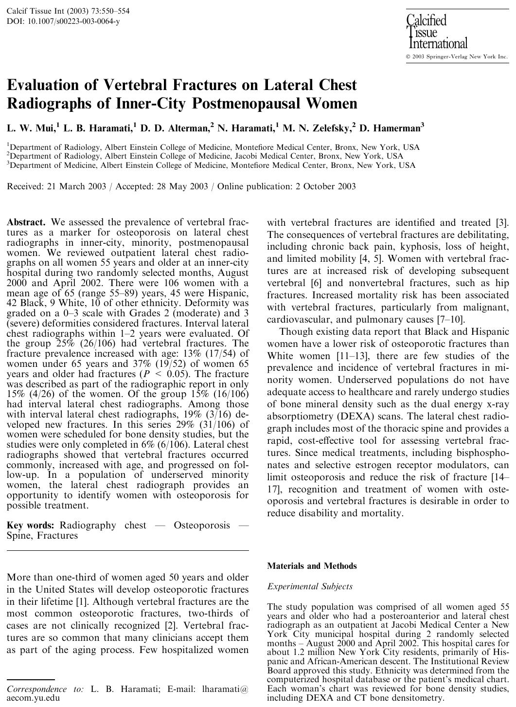 Evaluation of Vertebral Fractures on Lateral Chest Radiographs of Inner-City Postmenopausal Women by Mui L.W. et al