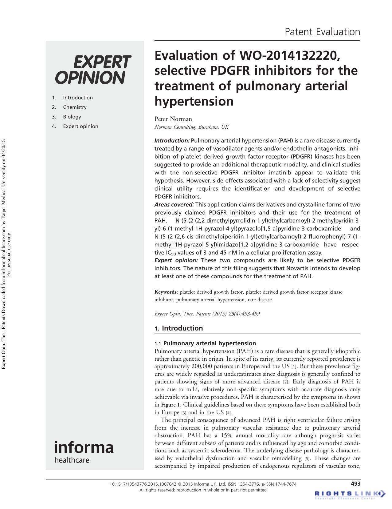 Evaluation of WO-2014132220, selective PDGFR inhibitors for the treatment of pulmonary arterial hypertension by Peter Norman