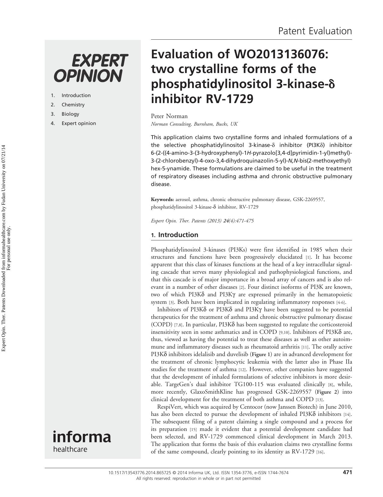 Evaluation of WO2013136076: two crystalline forms of the phosphatidylinositol 3-kinase-δ inhibitor RV-1729 by Peter Norman