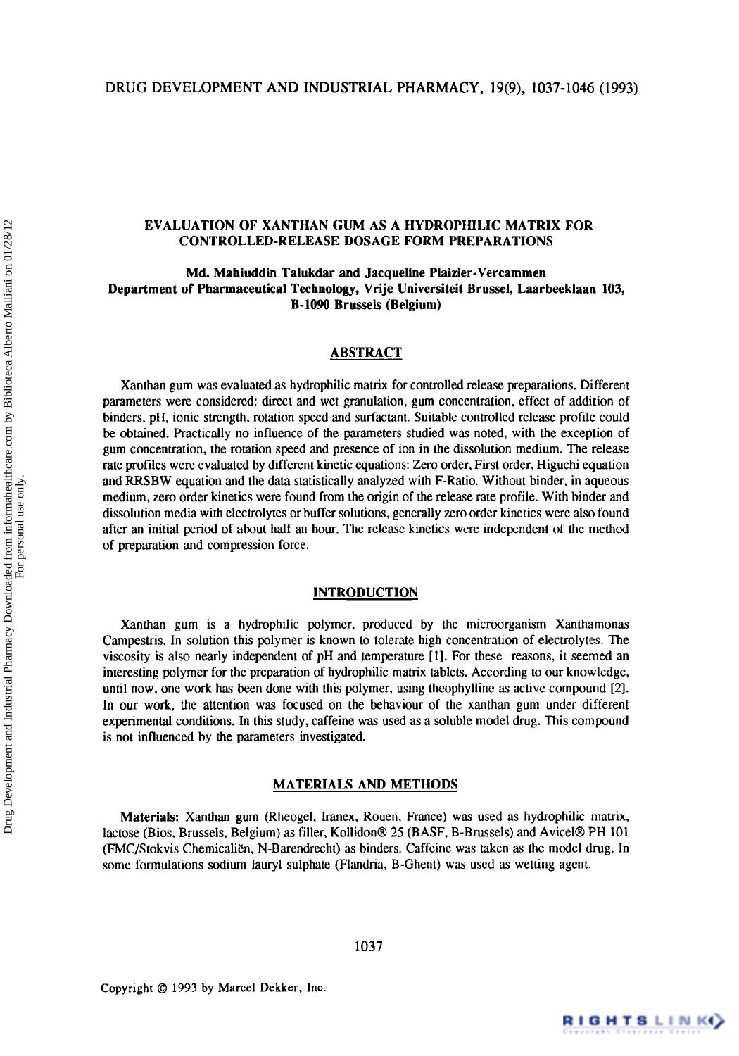 Evaluation of Xanthan Cum as a Hydrophilic Matrix for Controlled-Release Dosage form Preparations by Md. Mahiuddin Talukdar & Jacqueline Plaizier-Vercammen