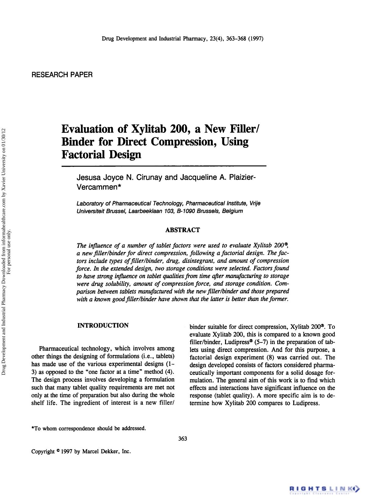Evaluation of Xylitab 200, a New Filler Binder for Direct Compression, Using Factorial Design by Jesusa Joyce N. Cirunay & Jacqueline A. Plaizier-vercammen