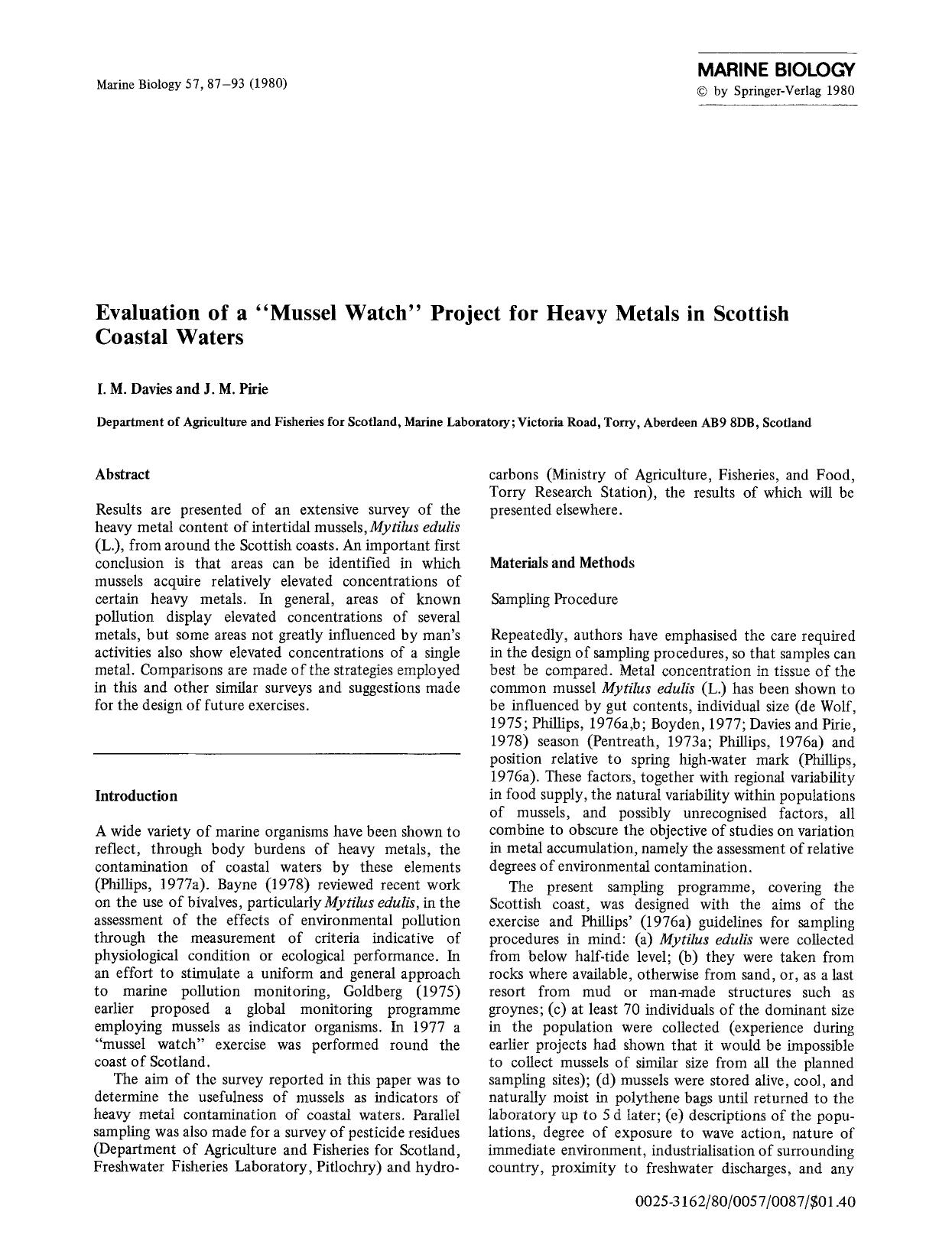 Evaluation of a &#x201C;mussel watch&#x201D; project for heavy metals in Scottish coastal waters by Unknown