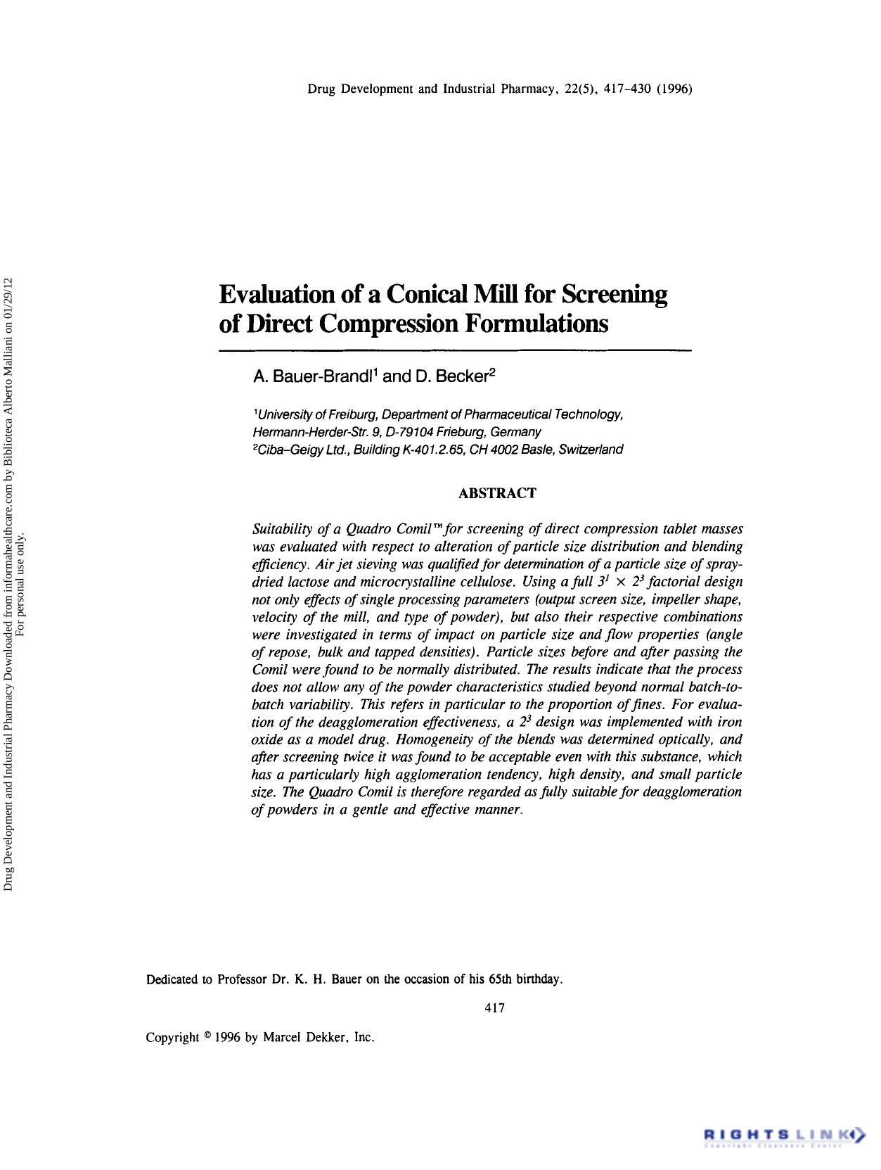 Evaluation of a Conical Mill for Screening of Direct Compression Formulations by A. Bauer-Brandl & D. Becker