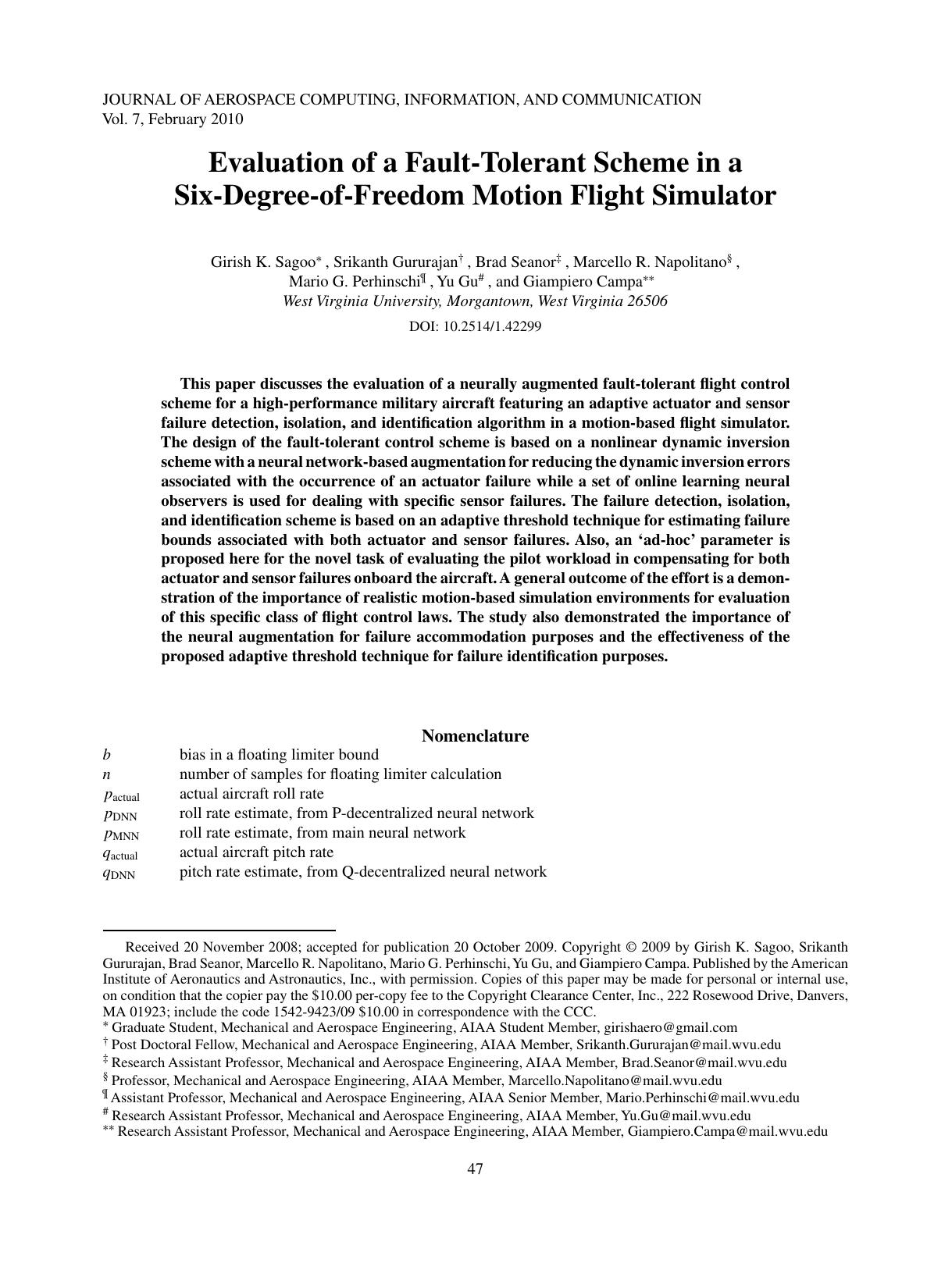 Evaluation of a Fault-Tolerant Scheme in a Six-Degree-of-Freedom Motion Flight Simulator by Unknown