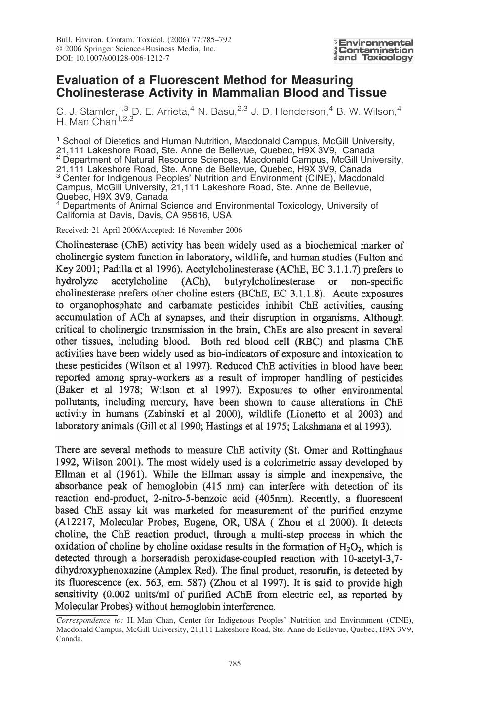 Evaluation of a Fluorescent Method for Measuring Cholinesterase Activity in Mammalian Blood and Tissue by Stamler & C. J. et al
